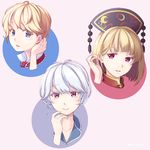  alice_margatroid alternate_hair_length alternate_hairstyle blonde_hair blue_eyes bob_cut chinese_clothes hat junko_(touhou) kamishirasawa_keine midorino_eni multiple_girls no_hairband no_hat no_headwear pink_background red_eyes short_hair silver_hair smile touhou 