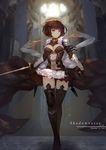  absurdres ahoge armor armored_dress artist_name bangs black_armor black_dress blue_eyes breasts brown_hair dress erika_(shadowverse) eyebrows_visible_through_hair full_body gauntlets highres holding holding_sword holding_weapon large_breasts long_sleeves looking_away parted_lips shadowverse short_hair standing sword thighhighs weapon xiaoxiao zettai_ryouiki 