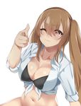  :3 bangs bikini black_bikini breasts brown_hair cleavage closed_mouth collarbone commentary eyebrows_visible_through_hair front-tie_top girls_frontline hair_between_eyes hand_up highres large_breasts long_hair looking_at_viewer md5_mismatch navel one_eye_closed pointing pointing_at_viewer red_eyes shiny shiny_skin shirt sidelocks simple_background sitting solo spicy_moo swimsuit tied_shirt twintails ump9_(girls_frontline) very_long_hair white_background 