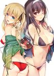  ;3 adjusting_clothes adjusting_swimsuit ass bikini black_bikini black_hair blonde_hair blue_eyes breasts cleavage coffee_cup cowboy_shot cup disposable_cup eyebrows_visible_through_hair fang hair_ribbon hairband jacket jpeg_artifacts kasumigaoka_utaha large_breasts long_hair multi-strapped_bikini multiple_girls navel off_shoulder one_eye_closed open_clothes open_mouth open_shirt purple_hair red_bikini red_eyes ribbon saenai_heroine_no_sodatekata sawamura_spencer_eriri shirt side-tie_bikini sideboob simple_background sketchbook sleeves_past_wrists small_breasts smile souji_hougu standing swimsuit track_jacket twintails white_background 