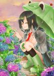  absurdres after_rain animal animal_themed_umbrella asui_tsuyu black_hair black_legwear boku_no_hero_academia boots closed_eyes cloud day dripping fence flower frog green_footwear green_umbrella highres htdr_hatidori hydrangea kneehighs long_hair long_sleeves low-tied_long_hair necktie outdoors puddle red_neckwear rubber_boots school_uniform sky smile snail solo sparkle squatting twitter_username u.a._school_uniform umbrella very_long_hair watermark 