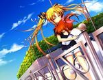  2girls artist_request blush bushes clouds crying eyes_closed fate_testarossa hair_ornament hug lights looking_at_another lyrical_nanoha mahou_shoujo_lyrical_nanoha multiple_girls pigtails railing red_eyes ribbon sky takamachi_nanoha tears twintails yuri 