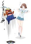  1girl :&lt; angry brown_eyes brown_hair closed_mouth crossover doubutsu_no_mori eyebrows full_body haruki_misora highres mr._resetti namesake nora_kaato pickaxe sagrada_reset school_uniform shoes short_hair skirt sneakers surprised sweatdrop thighs triangle_mouth v-shaped_eyebrows 