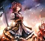  bad_id bad_pixiv_id breasts cleavage closed_mouth cloud cloudy_sky commentary_request cowboy_shot expressionless flower hair_bobbles hair_ornament highres jan_(lightdragoon) large_breasts night night_sky onozuka_komachi outdoors puffy_short_sleeves puffy_sleeves red_eyes red_hair revision scythe short_hair short_sleeves sketch sky solo spider_lily star_(sky) touhou two_side_up 