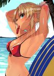  armpits bikini blonde_hair blue_sky blush braid breasts cleavage commentary day fate/apocrypha fate/grand_order fate_(series) green_eyes hair_tie_in_mouth highres long_hair looking_at_viewer medium_breasts mordred_(fate)_(all) mordred_(swimsuit_rider)_(fate) mouth_hold ocean onaka_(pixiv11820960) outdoors palm_tree ponytail red_bikini red_scrunchie scrunchie shiny shiny_hair shiny_skin sky solo swimsuit tan tree tree_shade tying_hair water wet 