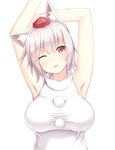  animal_ears armpits bare_shoulders breasts fang hat highres impossible_clothes inubashiri_momiji kouyadoufu_dx large_breasts looking_at_viewer one_eye_closed open_mouth pom_pom_(clothes) red_eyes short_hair silver_hair simple_background solo tokin_hat touhou white_background wolf_ears 