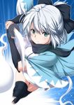  attack attacking_viewer black_bow black_legwear black_scarf bow commentary_request cosplay fate_(series) foreshortening green_eyes hair_bow highres holding holding_sword holding_weapon japanese_clothes kimono koha-ace konpaku_youmu konpaku_youmu_(ghost) looking_at_viewer motion_blur nori_tamago okita_souji_(fate) okita_souji_(fate)_(all) okita_souji_(fate)_(cosplay) scarf short_hair silver_hair solo sword thighhighs toeless_legwear touhou vambraces weapon 