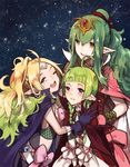  blush bow braid cape chiki circlet dress fire_emblem fire_emblem:_kakusei fire_emblem:_monshou_no_nazo gloves green_eyes green_hair hair_ornament hair_ribbon long_hair looking_at_viewer mamkute mother_and_daughter multiple_girls nn_(fire_emblem) nono_(fire_emblem) open_mouth pointy_ears ponytail purple_eyes ribbon smile 