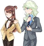  alternate_costume blonde_hair blue_eyes bow bowtie brown_eyes brown_hair commentary diana_cavendish formal kagari_atsuko little_witch_academia long_hair multiple_girls necktie one_eye_closed ponytail smile suit tuxedo vivian_(gntyu) 