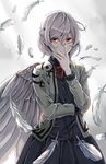  backlighting bad_id bad_pixiv_id bow braid closed_mouth commentary_request expressionless feathered_wings feathers french_braid hand_on_own_face highres jacket jan_(lightdragoon) kishin_sagume long_sleeves looking_at_viewer open_clothes red_eyes short_hair silver_hair single_wing skirt skirt_set solo touhou wings 