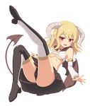  :3 :d armpits black_legwear black_panties black_skirt blonde_hair boots breasts demon_girl demon_tail demon_wings eyebrows_visible_through_hair full_body high_heels jewelry medium_breasts midriff necklace open_hands open_mouth original outstretched_arms panties pointy_ears red_eyes sasaame short_hair simple_background skirt smile smug solo spread_arms succubus tail thigh_boots thighhighs underwear white_background wings 