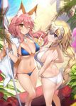  animal_ears ass back bangs bare_shoulders bikini bikini_under_clothes blonde_hair blue_bikini blue_eyes blush bracelet braid breasts cleavage commentary_request criss-cross_halter day eyebrows_visible_through_hair fang fate/apocrypha fate/extra fate/grand_order fate_(series) flower fox_ears fox_shadow_puppet fox_tail hair_between_eyes halterneck headpiece highres hips jeanne_d'arc_(fate) jeanne_d'arc_(fate)_(all) jewelry large_breasts legs long_braid long_hair looking_at_viewer looking_to_the_side multiple_girls navel necklace o-ring o-ring_bikini one_eye_closed open_clothes open_vest outdoors palm_tree parasol pink_hair ponytail revision shade side-tie_bikini sideboob sidelocks single_braid smile sunlight swimsuit tail tamamo_(fate)_(all) tamamo_no_mae_(fate) tamamo_no_mae_(swimsuit_lancer)_(fate) thighs tree umbrella very_long_hair vest water white_bikini yaman yellow_eyes 