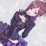  belt black_gloves brown_eyes brown_hair cleavage_cutout closed_mouth cowboy_shot dorothy_(princess_principal) dutch_angle flower gloves half-closed_eyes kuroboshi_kouhaku leotard looking_at_viewer miniskirt naughty_face o-ring o-ring_top princess_principal sidelocks skirt solo tied_hair tsurime underbust 