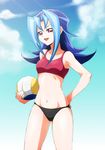  10s 1girl ball black_panties blue_hair blue_sky cloud collarbone female kamishiro_rio long_hair looking_at_viewer multicolored_hair open_mouth panties pixiv_id_1603174 red_eyes sky smile solo sports_bra two-tone_hair underwear volleyball yu-gi-oh! yuu-gi-ou_zexal 