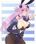 adult_neptune animal_ears blush breasts bunny_ears bunnysuit cleavage collarbone cowboy_shot d-pad d-pad_hair_ornament dura fake_animal_ears hair_ornament highres hood hooded_jacket jacket large_breasts leotard long_hair looking_at_viewer naughty_face neptune_(series) pantyhose pose purple_eyes purple_hair shin_jigen_game_neptune_vii shiny shiny_hair shiny_skin smile solo undressing v 