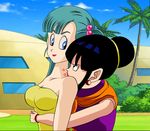  2girls aqua_hair asymmetrical_hair bare_shoulders black_eyes black_hair blue_eyes bracelet breasts bulma chichi cleavage closed_mouth dicasty dragon_ball dragonball_z duo earrings eye_contact female hair_bobbles hair_bun hair_ornament hug human jewelry kiss lips lipstick lipstick_mark long_hair looking_at_another looking_back makeup milf multiple_girls naughty_face neck neck_kiss outdoors ponytail red_lipstick short_hair side_ponytail sleeveless smile standing strapless tied_hair tubetop upper_body yuri 