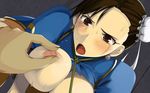  1girl all_fours areolae blush breasts brown_eyes brown_hair china_dress chinese_clothes chun-li crying double_bun earrings embarrassed highres indoors large_breasts legs looking_at_viewer nipple_tweak nipples open_mouth pantyhose pet_play puffy_sleeves rope short_hair solo_focus street_fighter sweatdrop tears teitetsu_kishidan thighs torn_clothes torn_pantyhose 