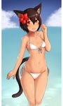  animal_ears bikini black_hair breasts cat_ears cat_tail cowboy_shot dark_skin fang flower front-tie_top hair_flower hair_ornament highres looking_at_viewer mathew_(srmmk_mce) navel original red_eyes short_hair side-tie_bikini small_breasts solo standing swimsuit tail white_bikini 