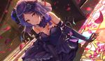  arm_support bare_shoulders black_dress blue_hair breasts church cleavage commentary_request dress dutch_angle earrings elbow_gloves eyebrows_visible_through_hair gloves hayami_kanade idolmaster idolmaster_cinderella_girls indoors jewelry looking_at_viewer lying medium_breasts on_side parted_lips petals purple_dress purple_gloves purple_wedding_dress shade short_hair smile solo terumii veil yellow_eyes 