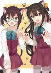  :d animal_ears black_hair blue-framed_eyewear blue_bow blue_neckwear bow bowtie cat_ears cat_tail dress fang glasses green_eyes grey_legwear hiiragi_souren kantai_collection long_hair long_sleeves multicolored_hair multiple_girls naganami_(kantai_collection) okinami_(kantai_collection) open_mouth pantyhose pink_hair purple_dress shirt short_hair side_ponytail sleeveless sleeveless_dress smile tail white_shirt 