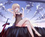 artoria_pendragon_(all) bangs bare_legs bare_shoulders barefoot black_camisole blonde_hair breasts camisole cloud collarbone commentary_request crossed_legs dark_excalibur day fate/stay_night fate_(series) jewelry lingerie long_hair looking_at_viewer mouth_hold necklace negligee north+ outdoors saber_alter see-through sidelocks sitting small_breasts solo sword underwear weapon yellow_eyes 