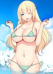  arms_up bikini blonde_hair blue_eyes blush braid breasts clenched_hands collarbone cowboy_shot daiaru day french_braid large_breasts long_hair looking_at_viewer navel neptune_(series) one_eye_closed open_mouth outdoors side-tie_bikini smile solo stomach swimsuit vert w_arms wading water wet 