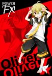  ahoge bandage_over_one_eye bandages barefoot bass_clef blonde_hair character_name closed_eyes company_name cosplay full_body grin hair_over_one_eye halftone kagamine_len kagamine_len_(cosplay) leg_warmers male_focus mizuhoshi_taichi necktie oliver_(vocaloid) sailor_collar shorts silhouette smile smirk solo vocaloid zoom_layer 