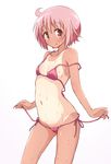  :q ahoge bangs bikini blush breasts collarbone commentary cowboy_shot eyebrows_visible_through_hair groin hair_between_eyes looking_at_viewer mel_(melty_pot) micro_bikini navel nonohara_yuzuko one-piece_tan pink_bikini pink_eyes pink_hair short_hair simple_background small_breasts solo standing stomach swimsuit tan tanline tongue tongue_out untied untied_bikini untying wet white_background yuyushiki 