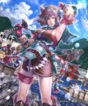  arm_up armor armpits blue_eyes blue_sky boat boots breasts brown_hair cleavage closed_mouth commentary_request cowboy_shot day earrings gloves headgear highres holding holding_sword holding_weapon japanese_armor japanese_clothes jewelry kaburagi_yasutaka knee_boots large_breasts light_smile looking_away ocean official_art outdoors purple_gloves sengoku_saga short_hair sky solo sword watercraft weapon 