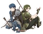 armor armored_boots arrow artist_name back-to-back blue_eyes blue_hair boots bow_(weapon) fingerless_gloves fire_emblem fire_emblem_echoes:_mou_hitori_no_eiyuuou fire_emblem_gaiden force_(fire_emblem) gloves green_eyes green_hair insarability male_focus multiple_boys open_mouth paison polearm simple_background sitting spear teeth weapon white_background 