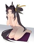  black_hair blue_eyes chin_rest fate/grand_order fate_(series) hat highres long_hair navel nude seiza shimomoto side_ponytail sitting solo ushiwakamaru_(fate/grand_order) very_long_hair 
