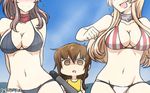  3girls bikini blonde_hair blue_sky blush breast_envy breasts brown_eyes brown_hair commentary dated day empty_eyes folded_ponytail hamu_koutarou head_out_of_frame highres inazuma_(kantai_collection) iowa_(kantai_collection) kantai_collection large_breasts long_hair multiple_girls navel one-piece_swimsuit plasma-chan_(kantai_collection) saratoga_(kantai_collection) shaded_face sky swimsuit torpedo 