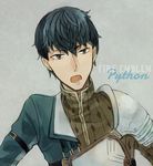  armor black_hair blue_hair character_name copyright_name fire_emblem fire_emblem_echoes:_mou_hitori_no_eiyuuou grey_background male_focus multicolored_hair open_mouth paison recton solo teeth two-tone_hair upper_body 