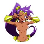  ;d armpits breasts dark_skin earrings hair_ornament hoop_earrings jewelry long_hair looking_at_viewer medium_breasts navel nipples one_eye_closed open_mouth pointy_ears ponytail pose purple_eyes purple_hair shantae_(character) shantae_(series) simple_background smile solo stomach tesu topless upper_body v v_over_eye vambraces very_long_hair white_background 
