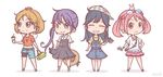  &gt;:) :&lt; :3 :d ahoge akebono_(kantai_collection) animal animal_on_head bag bandaid bandaid_on_face bell black_dress blush_stickers brown_eyes bunny bunny_hair_ornament camera casual chibi closed_eyes commentary_request crab crab_on_head dress earphones earrings eyewear_on_head flower full_body hair_bell hair_bobbles hair_flower hair_ornament hairclip hand_on_hip handbag hat hat_removed head_tilt headwear_removed highres jewelry jingle_bell kantai_collection light_brown_hair long_hair looking_at_viewer looking_away multiple_girls oboro_(kantai_collection) on_head open_mouth overalls pendant pink_eyes pink_hair pori_(poritan81) purple_eyes purple_hair sazanami_(kantai_collection) short_hair shorts side_ponytail simple_background smile twintails ushio_(kantai_collection) v-shaped_eyebrows white_background 