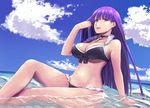  bangs bikini blue_eyes blush breasts choker cleavage commentary_request cross earrings fate/grand_order fate_(series) ishii_hisao jewelry large_breasts long_hair looking_at_viewer navel purple_hair saint_martha saint_martha_(swimsuit_ruler)_(fate) sitting smile solo swimsuit 