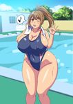  1girl breasts brown_eyes brown_hair bursting_breasts cleavage curvy erect_nipples high_ponytail huge_breasts kuruma_hajime long_hair looking_at_viewer matching_hair/eyes one_eye_closed open_mouth original plump ponytail sideboob smile solo standing sweat swimsuit thick_thighs thighs wide_hips 