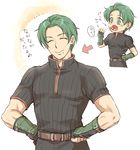  blush closed_eyes directional_arrow eating eighth_note fingerless_gloves fire_emblem fire_emblem_echoes:_mou_hitori_no_eiyuuou force_(fire_emblem) gloves green_eyes green_hair male_focus multiple_views musical_note speech_bubble tamami_if upper_body white_background 