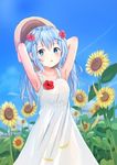  armpits arms_behind_head bad_id bad_pixiv_id blue_eyes blue_hair blue_sky blush collarbone day dress eyebrows_visible_through_hair flower gochuumon_wa_usagi_desu_ka? hair_flower hair_ornament kafuu_chino long_hair looking_at_viewer miki_yuu parted_lips sky solo sundress sunflower white_dress x_hair_ornament 