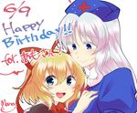  :d bangs birthday blonde_hair blue_eyes blush bow commentary dated hair_between_eyes hair_bow hand_on_another's_shoulder hat looking_at_another looking_at_viewer mana_(tsurubeji) medicine_melancholy multiple_girls nurse_cap open_mouth signature silver_hair simple_background smile text_focus touhou white_background yagokoro_eirin 