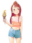  bangs bare_shoulders blunt_bangs blush breasts brown_hair casual commentary_request cowboy_shot denim denim_shorts food food_on_face highres ice_cream kagari_atsuko licking_lips little_witch_academia long_hair medium_breasts midriff navel red_eyes seren_lwa shirt shorts sidelocks simple_background sleeveless sleeveless_shirt solo tied_shirt tongue tongue_out white_background 