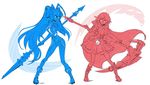  blazblue blazblue:_central_fiction blazblue:_cross_tag_battle blazblue_variable_heart color_connection commentary_request crescent_rose full_body hayami_saori iesupa mai_natsume multiple_girls pantyhose polearm ruby_rose rwby scythe seiyuu_connection spear weapon 