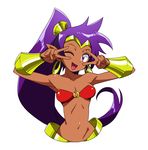  ;d armpits bare_shoulders breasts commentary_request dark_skin earrings hair_ornament hoop_earrings jewelry long_hair looking_at_viewer medium_breasts navel o-ring o-ring_top one_eye_closed open_mouth pointy_ears ponytail pose purple_eyes purple_hair shantae_(character) shantae_(series) simple_background smile solo stomach tesu upper_body v v_over_eye vambraces very_long_hair white_background 