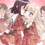  5girls black_hair blonde_hair blush brown_hair chibi couple eyes_closed green_eyes kawamura_reo kiss multiple_girls official official_art peko pink_hair sawaguchi_mai school_uniform sono_hanabira_ni_kuchizuke_wo squee uniform yuri 