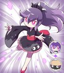  bikyaku black_kimono frown fusion high_ponytail hyakkihime japanese_clothes kimono long_hair long_sleeves multicolored_hair nollety pink_eyes purple_hair short_kimono solo two-tone_hair youkai youkai_medal youkai_watch 