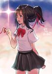  bangs black_hair black_skirt blush braid brown_eyes commentary_request copyright_name cowboy_shot dated e-co kimi_no_na_wa long_hair miyamizu_mitsuha open_mouth pinky_out pleated_skirt ponytail red_string short_sleeves sidelocks skirt smile solo string twilight 
