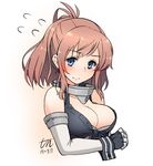  2017 blue_eyes breasts brown_hair cleavage cosplay dated elbow_gloves fingerless_gloves flying_sweatdrops front-tie_top gloves iowa_(kantai_collection) iowa_(kantai_collection)_(cosplay) kantai_collection large_breasts looking_at_viewer ponytail saratoga_(kantai_collection) short_hair side_ponytail signature simple_background solo tun upper_body white_background 