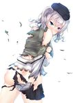  absurdres ass beret black_skirt blue_eyes blush gloves hat highres kantai_collection kashima_(kantai_collection) looking_at_viewer military military_uniform no_panties pleated_skirt rain_yadori silver_hair skirt solo torn_clothes torn_skirt tsurime uniform wavy_hair 