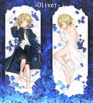  bandage_over_one_eye bandages bed_sheet blonde_hair blue_background blush character_name coat dakimakura dual_persona flower hat male_focus mizuhoshi_taichi multiple_views naked_shirt nape oliver_(vocaloid) on_bed sailor_collar sailor_hat shirt shorts vocaloid yellow_eyes 