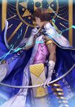  arjuna_(fate/grand_order) armlet blue_fire bow_(weapon) brown_eyes brown_hair cape chinese_commentary cloak commentary_request dark_skin dark_skinned_male fate/grand_order fate_(series) fire gloves gold_trim highres holding holding_bow_(weapon) holding_weapon indian_clothes male_focus nianbingzi pelvic_curtain quiver sleeveless solo weapon white_gloves 
